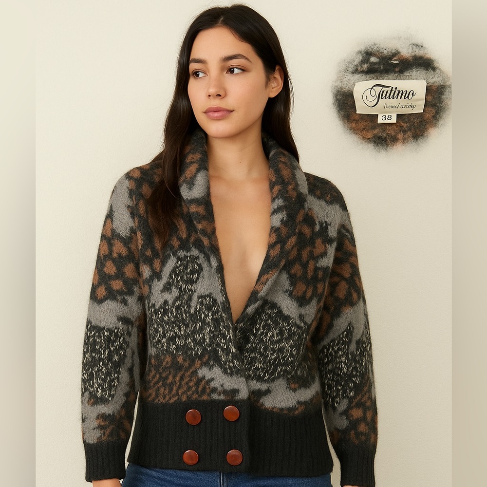 Vintage Intimo Paris Italy Fuzzy Mohair Blend Animal Print Cardigan Sweater Sz38